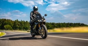 Motorcyclist riding on an Illinois highway while following traffic laws.