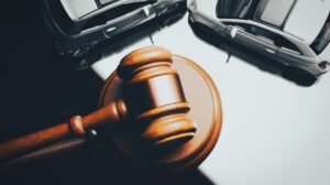 Model of car and gavel