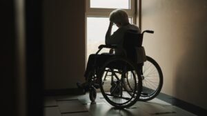 Elderly Nursing Home Resident Sitting Alone In Wheelchair